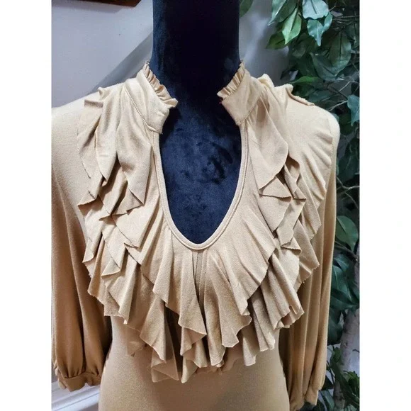 Ny Collection Woman's Khaki Rayon Long Sleeve Ruffle Pullover Top Shirt Size M - Picture 2 of 11